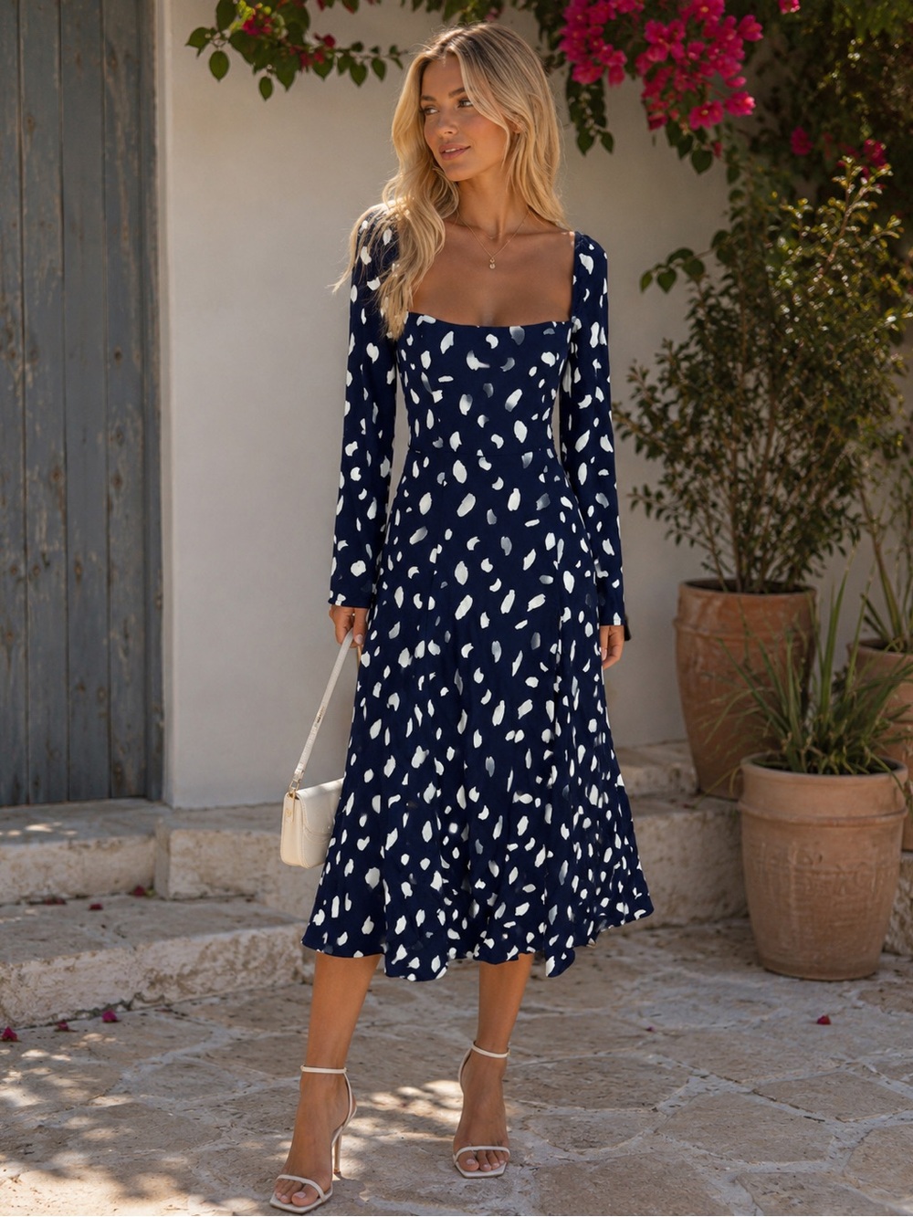 Reformation Navy Polka Dot Long Sleeve Midi Dress Women’s Size 2